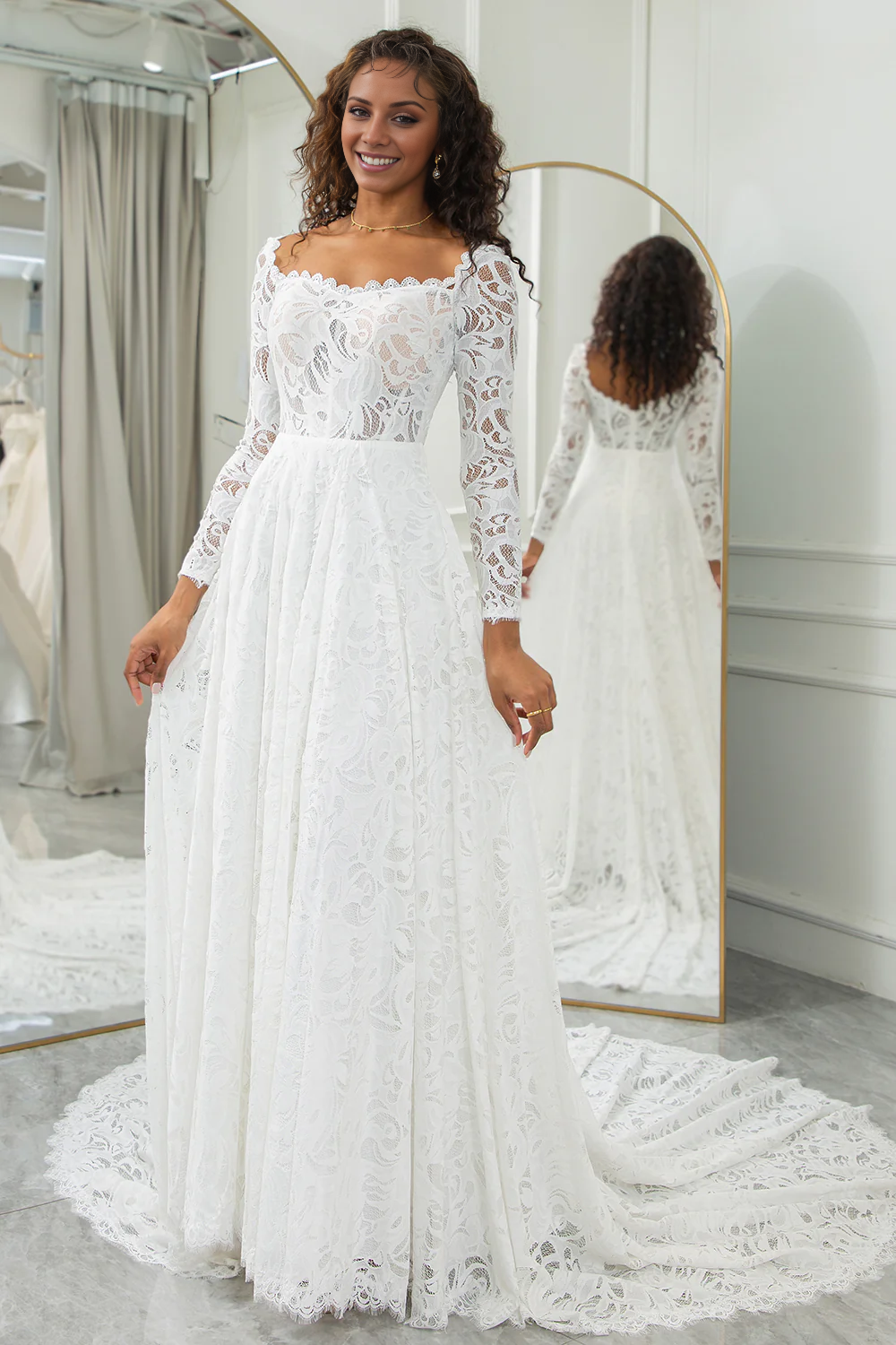 Ivory A-Line Lace Wedding Dress with Sleeves Beautiful Long