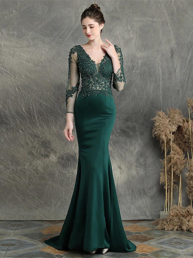 Mermaid / Trumpet Prom Dresses Elegant Dress Formal Sweep / Brush Train Long Sleeve V Neck Cotton Blend with Beading