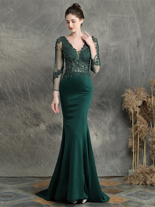 Mermaid / Trumpet Prom Dresses Elegant Dress Formal Sweep / Brush Train Long Sleeve V Neck Cotton Blend with Beading