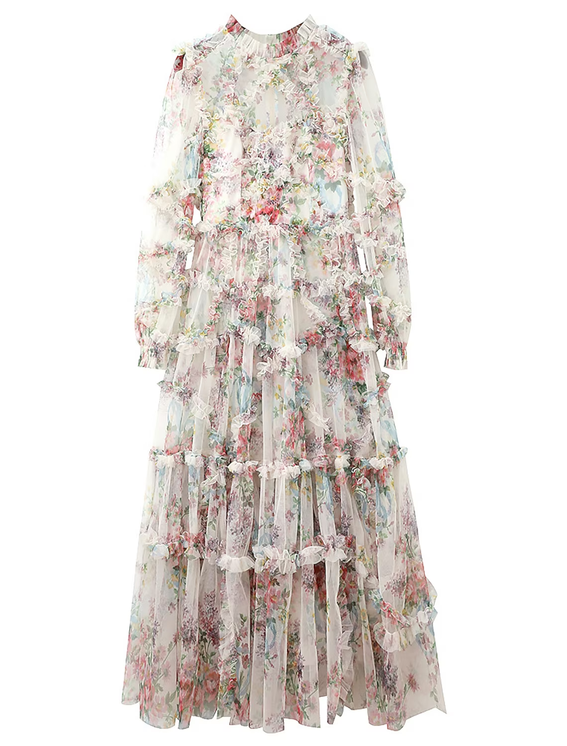 A-Line Prom Dresses Floral Dress Wedding Guest Ankle Length Long Sleeve Jewel Neck Polyester with Ruffles Pattern