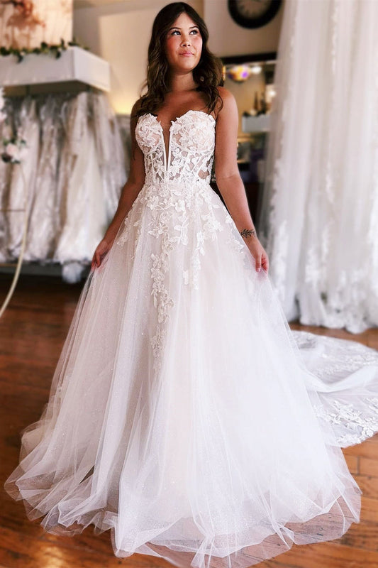 Ivory Tulle Appliques Strapless A-Line Long Wedding Dress Off Shoulder