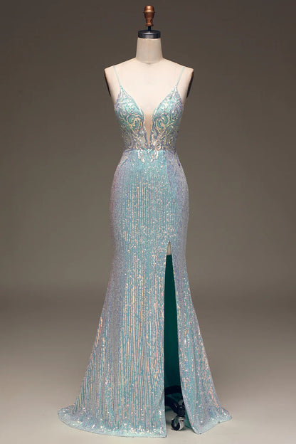 Mermaid Sequins Prom Dress with Split Front V-neck Sexy