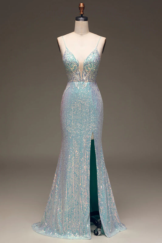 Mermaid Sequins Prom Dress with Split Front V-neck Sexy