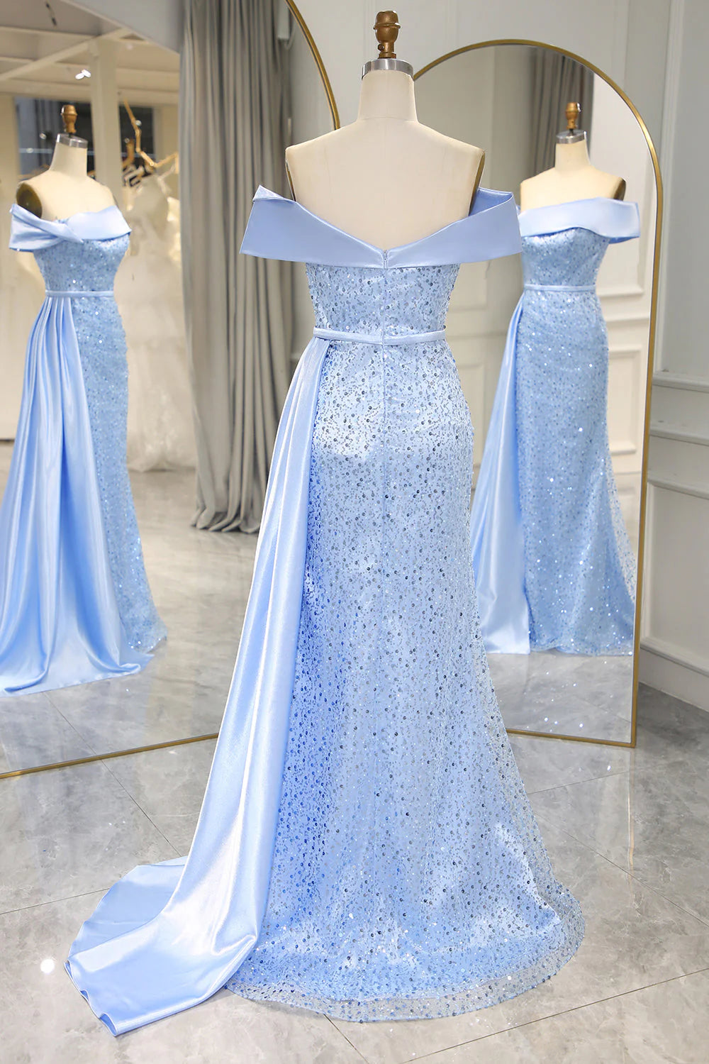 Sparkly Long Sequined Prom Dress With Slit Off Shoulder