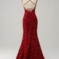 Red Sparkly Mermaid Backless Long Prom Dress with Fringes Sexy