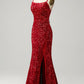 Red Sparkly Mermaid Backless Long Prom Dress with Fringes Sexy