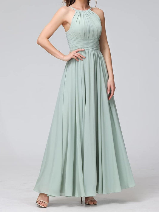 A Line/Princess Spaghetti Straps Halter Sleeveless Floor-Length Bridesmaid Dresses Pure Color