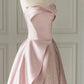 Sleeveless Satin A-Line Floor-Length Evening Gown Slit with Tulle Strapless Prom Dress Off Shoulder