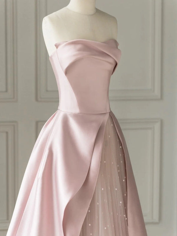 Sleeveless Satin A-Line Floor-Length Evening Gown Slit with Tulle Strapless Prom Dress Off Shoulder