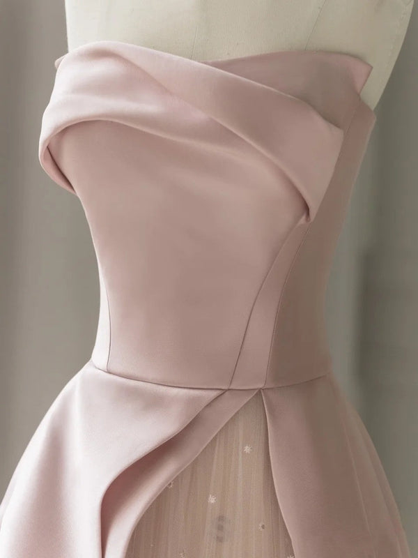 Sleeveless Satin A-Line Floor-Length Evening Gown Slit with Tulle Strapless Prom Dress Off Shoulder