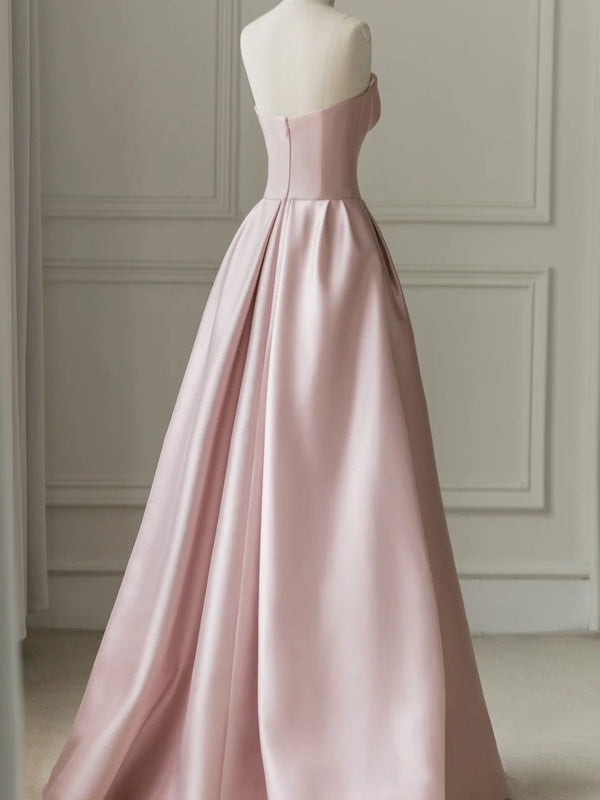 Sleeveless Satin A-Line Floor-Length Evening Gown Slit with Tulle Strapless Prom Dress Off Shoulder