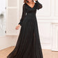 A-Line Evening Gown Empire Dress Party Wear Floor Length Long Sleeve V Neck Tulle V Back with Glitter