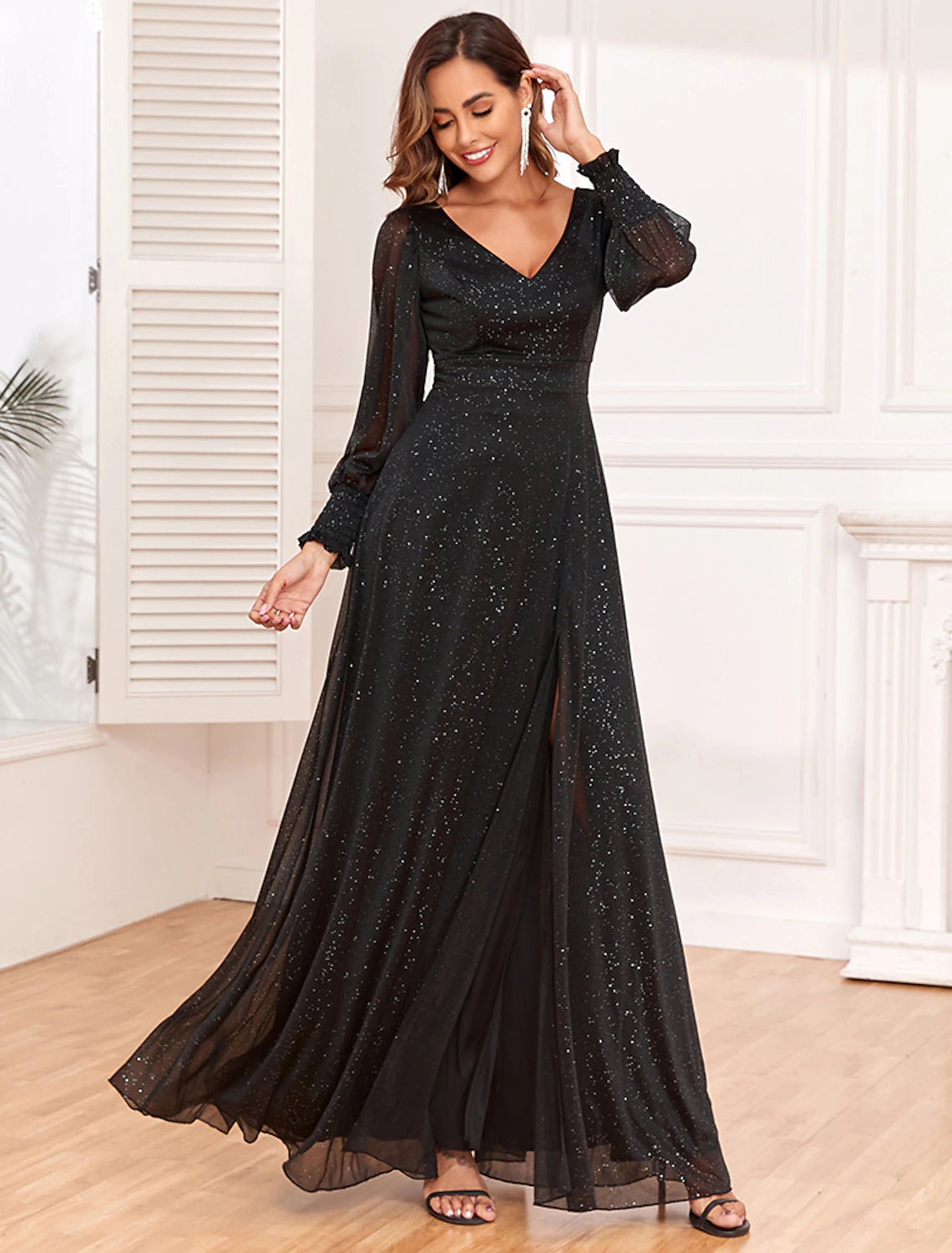 A-Line Evening Gown Empire Dress Party Wear Floor Length Long Sleeve V Neck Tulle V Back with Glitter