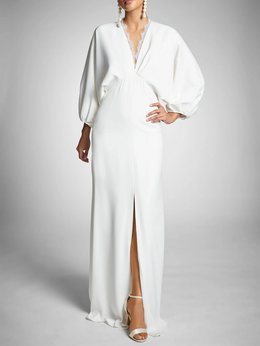 Sheath/Column Long Sleeves Plunging V Neck Floor-Length Wedding Dresses White