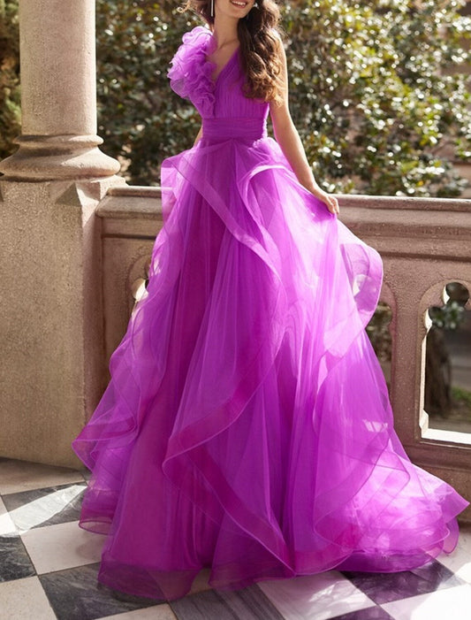 A-Line/Princess V Neck Sleeveless Floor-Length Prom Dresses With Ruffles Pure Color