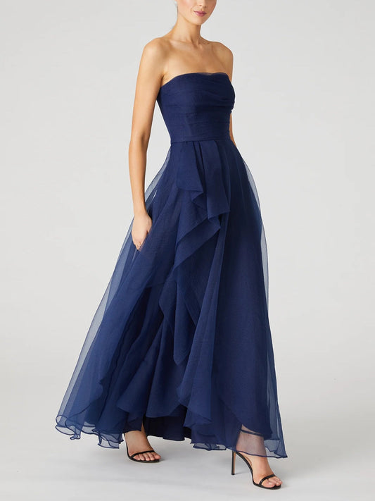 A-Line/Princess Strapless Sleeveless Ankle-Length Evening Dress With Ruffles Pure Color