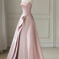 Sleeveless Satin A-Line Floor-Length Evening Gown Slit with Tulle Strapless Prom Dress Off Shoulder
