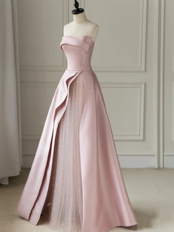 Sleeveless Satin A-Line Floor-Length Evening Gown Slit with Tulle Strapless Prom Dress Off Shoulder