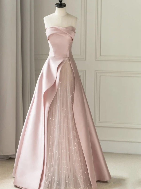 Sleeveless Satin A-Line Floor-Length Evening Gown Slit with Tulle Strapless Prom Dress Off Shoulder