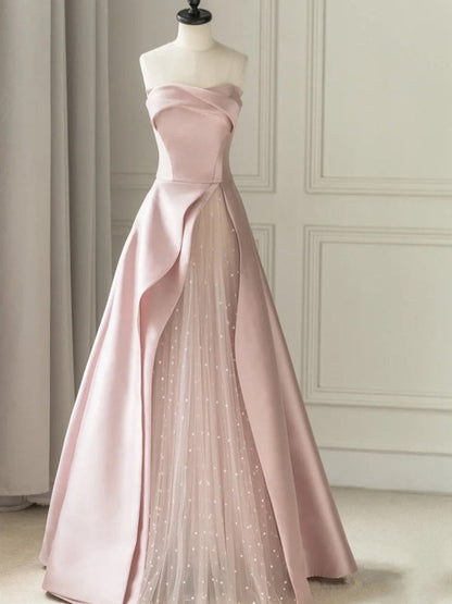Sleeveless Satin A-Line Floor-Length Evening Gown Slit with Tulle Strapless Prom Dress Off Shoulder