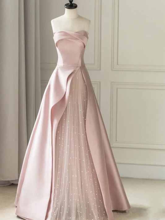 Sleeveless Satin A-Line Floor-Length Evening Gown Slit with Tulle Strapless Prom Dress Off Shoulder