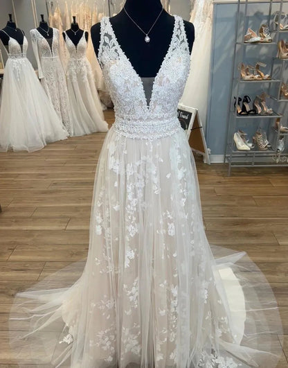 A-Line Deep V Neck Plus Size Wedding Dress With Appliques Long Sexy