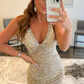 Sparkly Golden Backless Beaded Long Prom Dress with Slit Sexy Evening Dresses