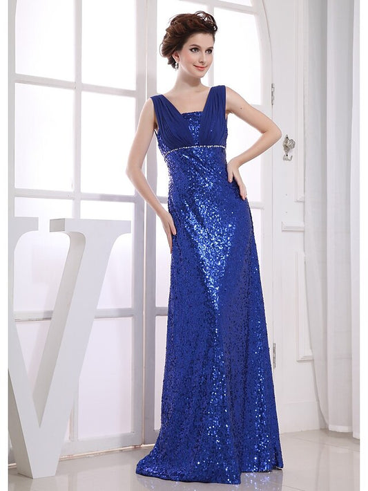 Sheath / Column Sparkle Wedding Guest Engagement Formal Evening Dress V Neck Sleeveless Floor Length Chiffon
