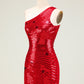 Sheath One Shoulder Red Sequins Short Homecoming Dress With Star Sparkly