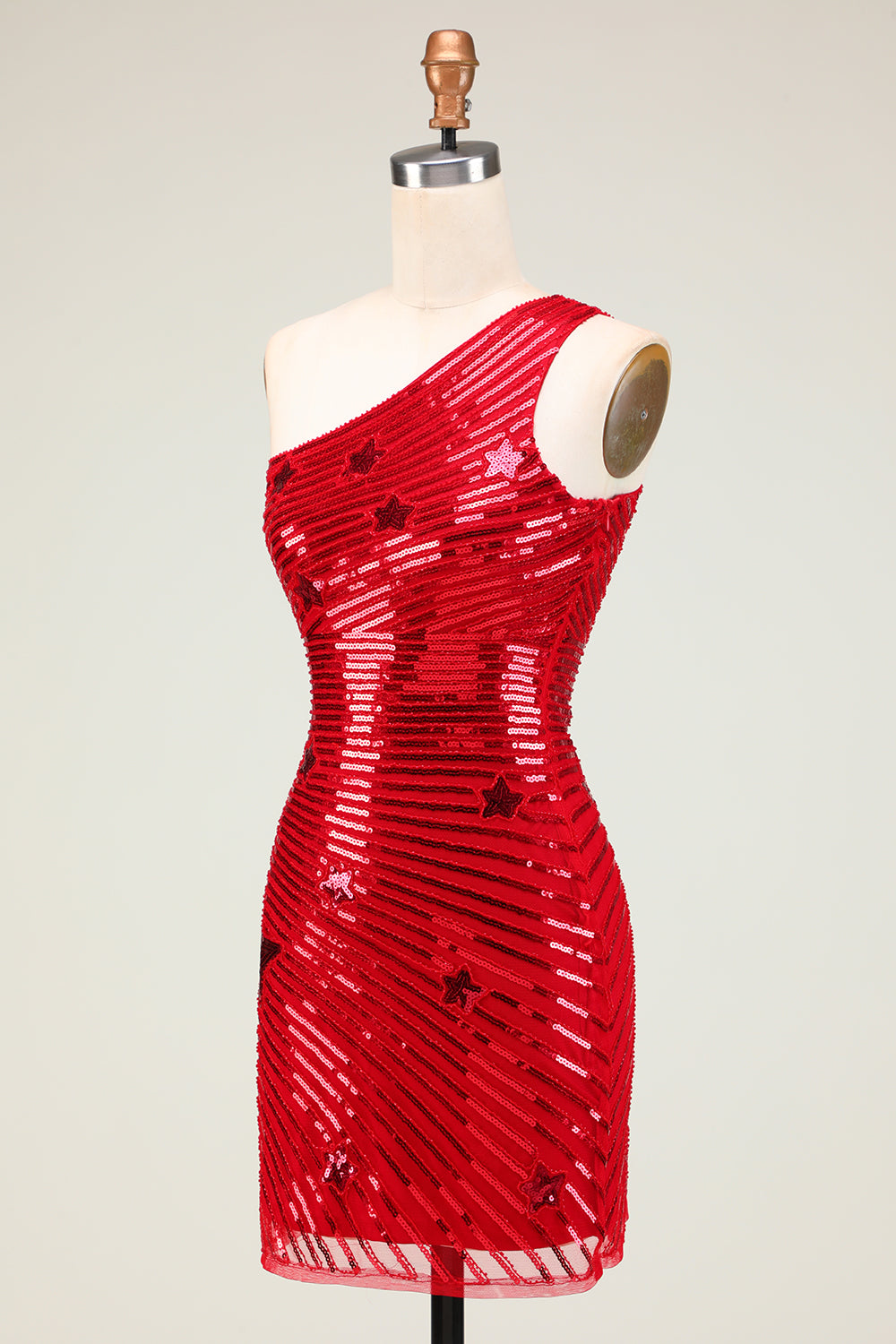 Sheath One Shoulder Red Sequins Short Homecoming Dress With Star Sparkly