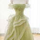 A-Line Off Shoulder Tulle Lace Long Prom Dress Green