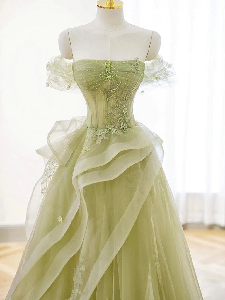 A-Line Off Shoulder Tulle Lace Long Prom Dress Green