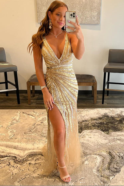 Sparkly Golden V-Neck Sequins Long Prom Dress Sexy