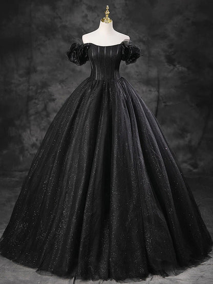 A-line Off Shoulder Tulle Long Prom Dress Black