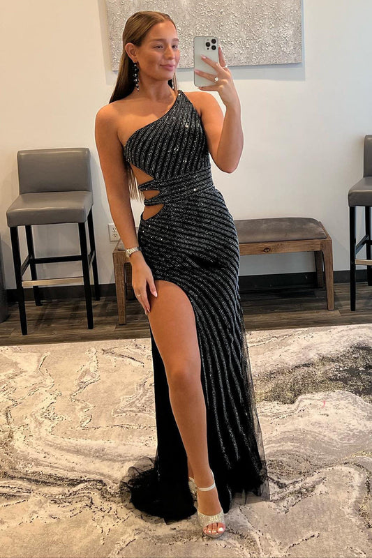 Sparkly Black Sequins Waist Cut-Out Prom Dress with Slit Sexy Evening Dresses