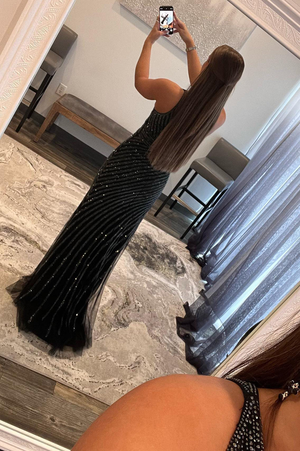 Sparkly Black Sequins Waist Cut-Out Prom Dress with Slit Sexy Evening Dresses