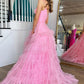 Pink A-Line Deep V Neck Tiered Long Prom Dress With Slit Sexy