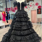 Ball Gown Strapless Tulle Tiered Long Prom Dresses Off Shoulder Sparkly