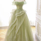 Green Tulle Long Floor Length Prom Dress Beautiful A-Line Evening Party Dress with Lace Beautiful