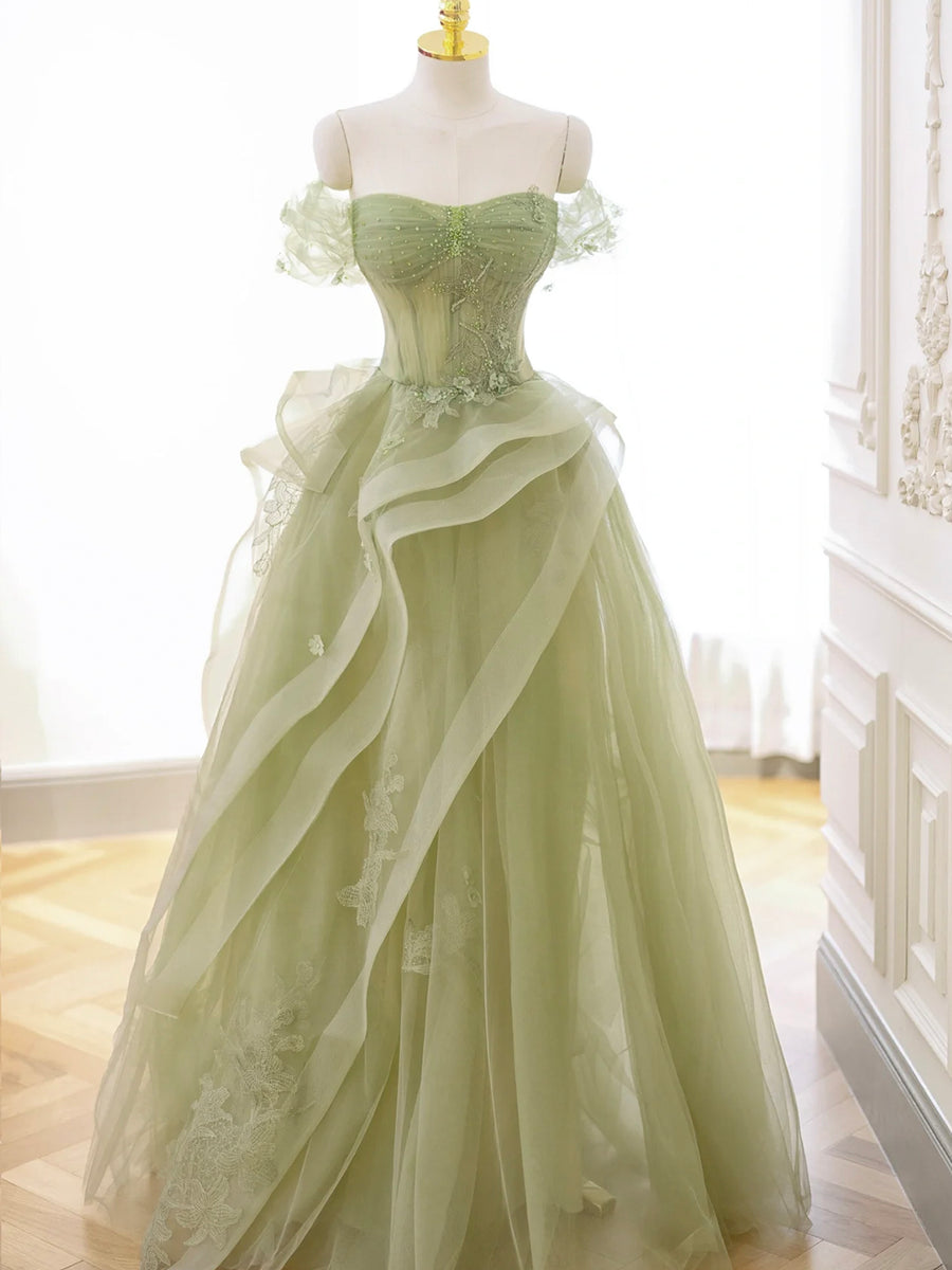 Green Tulle Long Floor Length Prom Dress Beautiful A-Line Evening Party Dress with Lace Beautiful