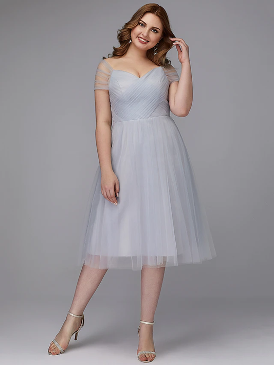 A-Line Elegant Cocktail Party Prom Dress Off Shoulder Short Sleeve Tea Length Tulle with Sash Ribbon Criss