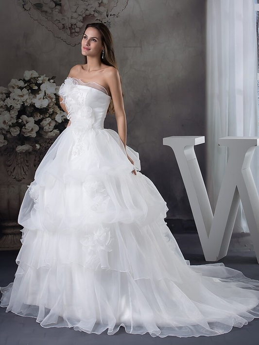 A-Line Wedding Dresses Strapless Chapel Train Organza Satin Strapless with Pick Up
