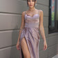 Elegant Woven Satin Ruched Spaghetti Straps Sleeveless Dresses Party Dresses With Slit