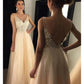 A-Line Prom Dresses Sparkle & Shine Dress Formal Floor Length Sleeveless V Neck Tulle V Back with Beading