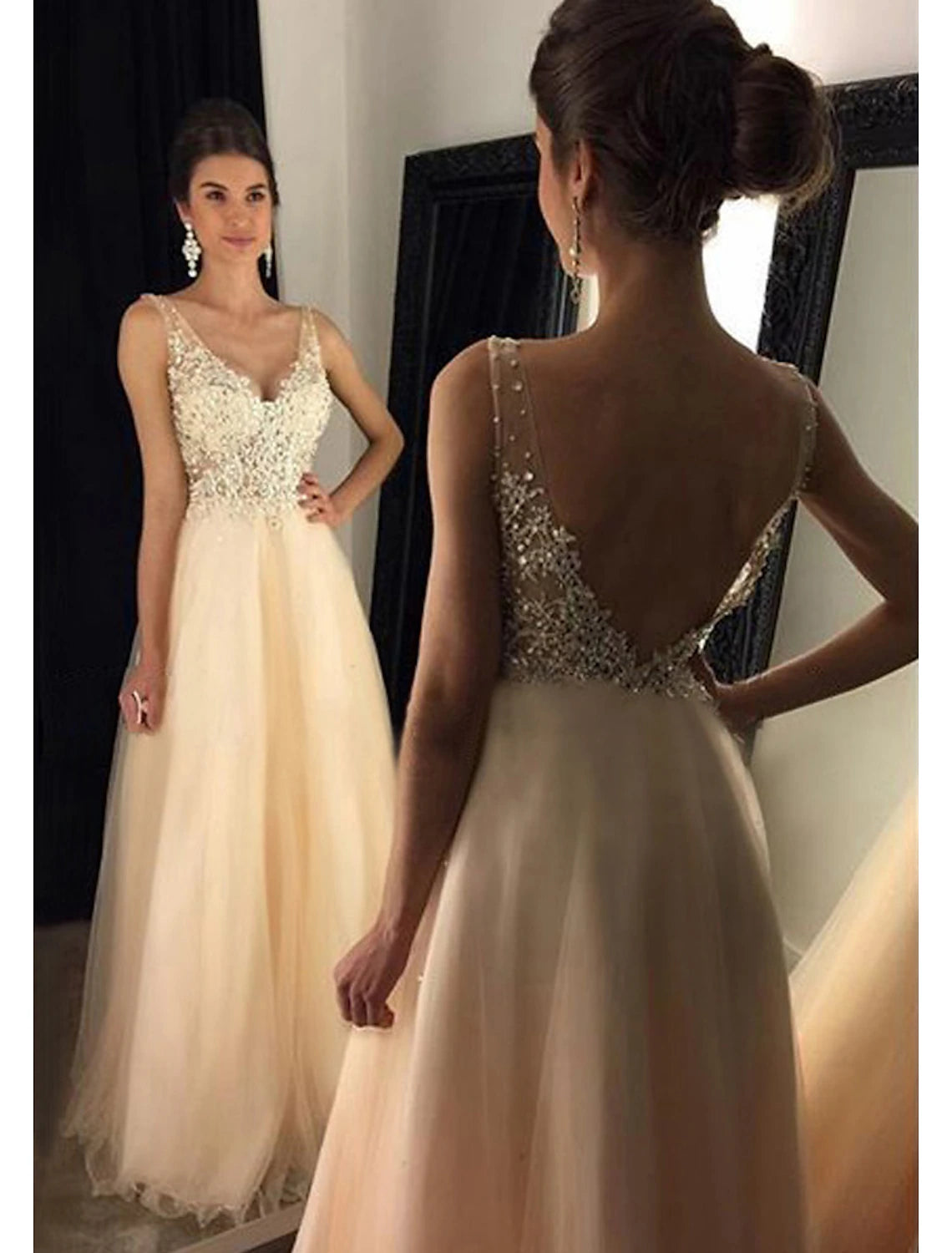 A-Line Prom Dresses Sparkle & Shine Dress Formal Floor Length Sleeveless V Neck Tulle V Back with Beading