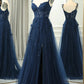 A-Line Spaghetti Straps Back Long Prom Dress With Appliques V-neck