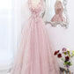 A-Line Tulle Lace Applique Long Prom Dress Pink