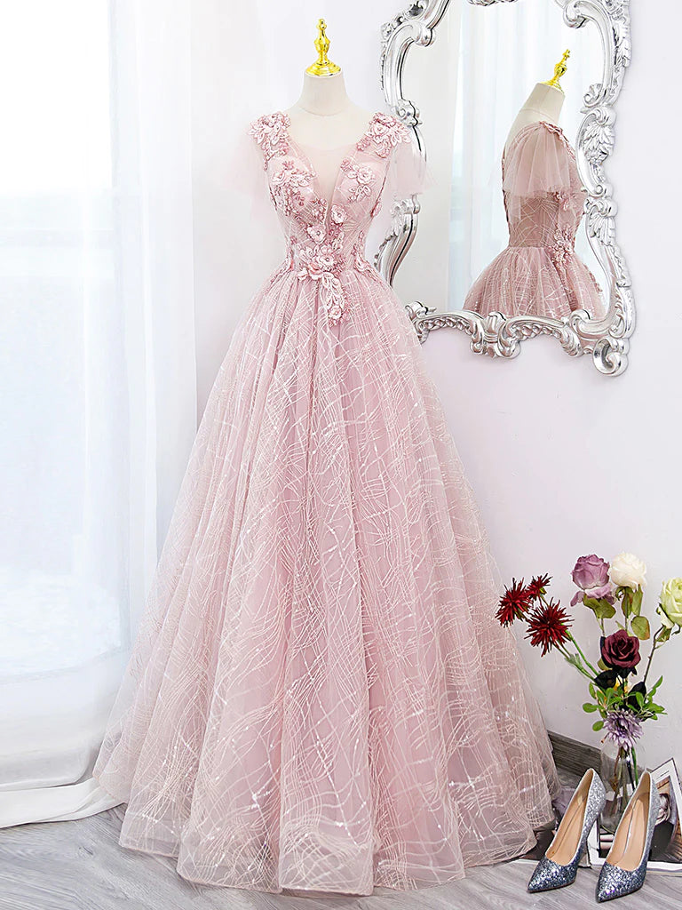 A-Line Tulle Lace Applique Long Prom Dress Pink