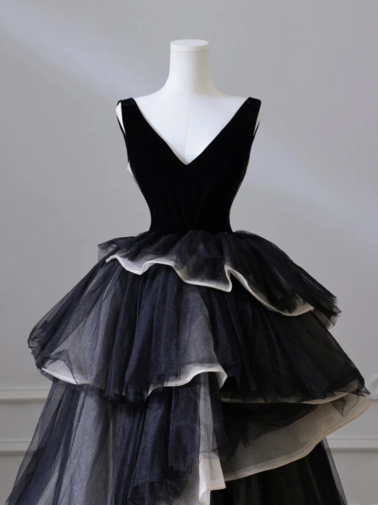 V Neck Tulle Velvet Long Prom Dress Black