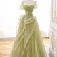 A-Line Off Shoulder Tulle Lace Long Prom Dress Green